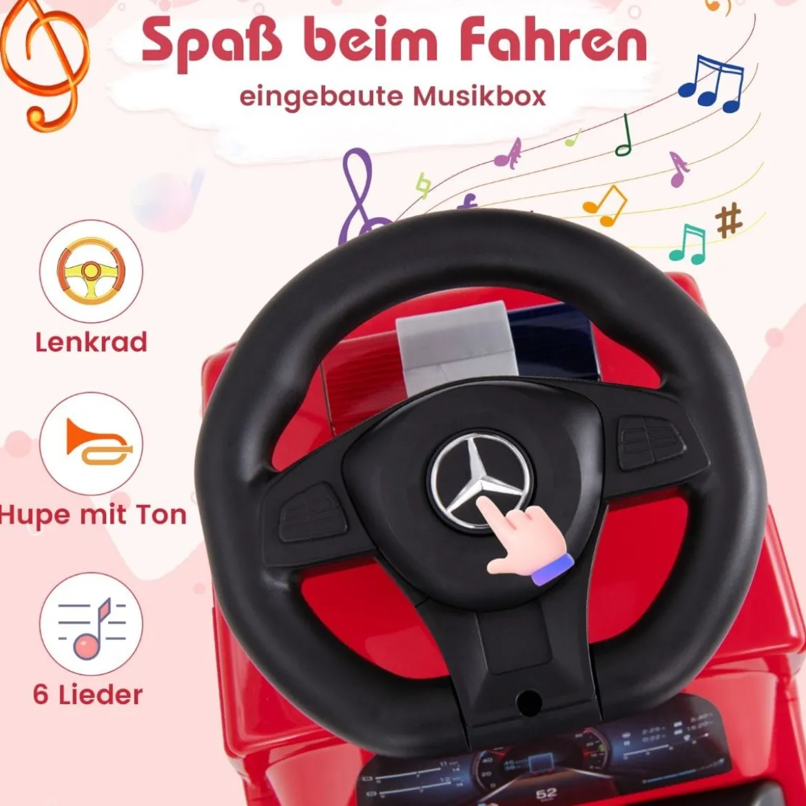 Mercedes Benz Rutschauto Schiebeauto mit Stauraum Feuerwehrauto mit Warnlampe Rot