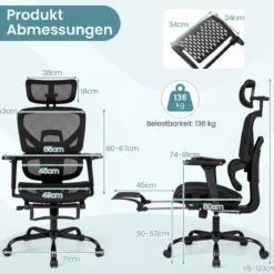 Mesh-Bürostuhl mit Fußstütze drehbarer & rollbarer Hochlehner-Schreibtischstuhl mit Lendenwirbelstütze Schwarz