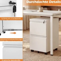 Metall Abschließbarer Rollcontainer mit 2 Schubladen & Hängeregistratur Aktenschrank Weiß