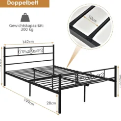 Metallbett Bettgestell für 190 x 140 cm Matratze Bettrahmen mit Lattenrost Doppelbettgestell Schwarz