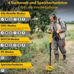 Metalldetektor 4 Modi Metallsuchgerät mit multifunktionellem Spaten Gelb + Schwarz
