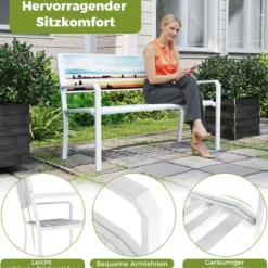 Metall Gartenbank Wetterfeste Sitzbank für 2 Sitzer Parkbank bis 300 kg Belastbar Weiß