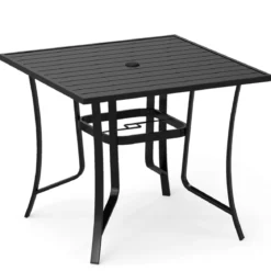 Metall Gartentisch mit Schirmloch Quadratischer Balkontisch für 4 Personen Terrassentisch Schwarz