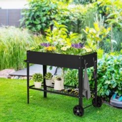 Metall Hochbeet mit Ablage & 2 Rollen & Haken & Griff Erhöhtes Gartenbeet Pflanzkasten Schwarz