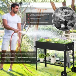 Metall Hochbeet mit Ablage & 2 Rollen & Haken & Griff Erhöhtes Gartenbeet Pflanzkasten Schwarz