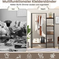 Metall Kleiderständer mit 4 Regalen Moderner Tragbarer Kleiderschrank-Organizer Braun