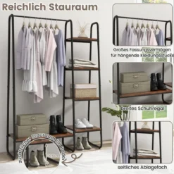 Metall Kleiderständer mit 4 Regalen Moderner Tragbarer Kleiderschrank-Organizer Braun