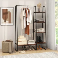 Metall Kleiderständer mit 4 Regalen Moderner Tragbarer Kleiderschrank-Organizer Braun