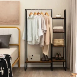Metall Kleiderständer mit 4 Regalen Moderner Tragbarer Kleiderschrank-Organizer Braun