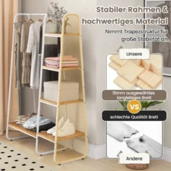 Metall Kleiderständer mit 4 Regalen Moderner Tragbarer Kleiderschrank-Organizer Natur