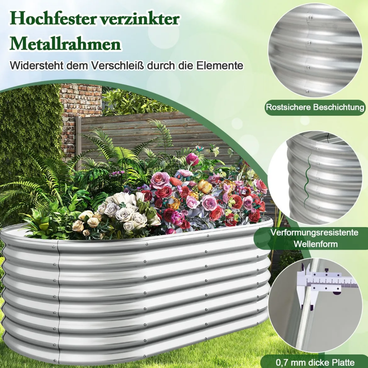 Metall Oval Hochbeet mit Offenem Boden Pflanzkasten Frühbeet Wellblech Blumenbeet