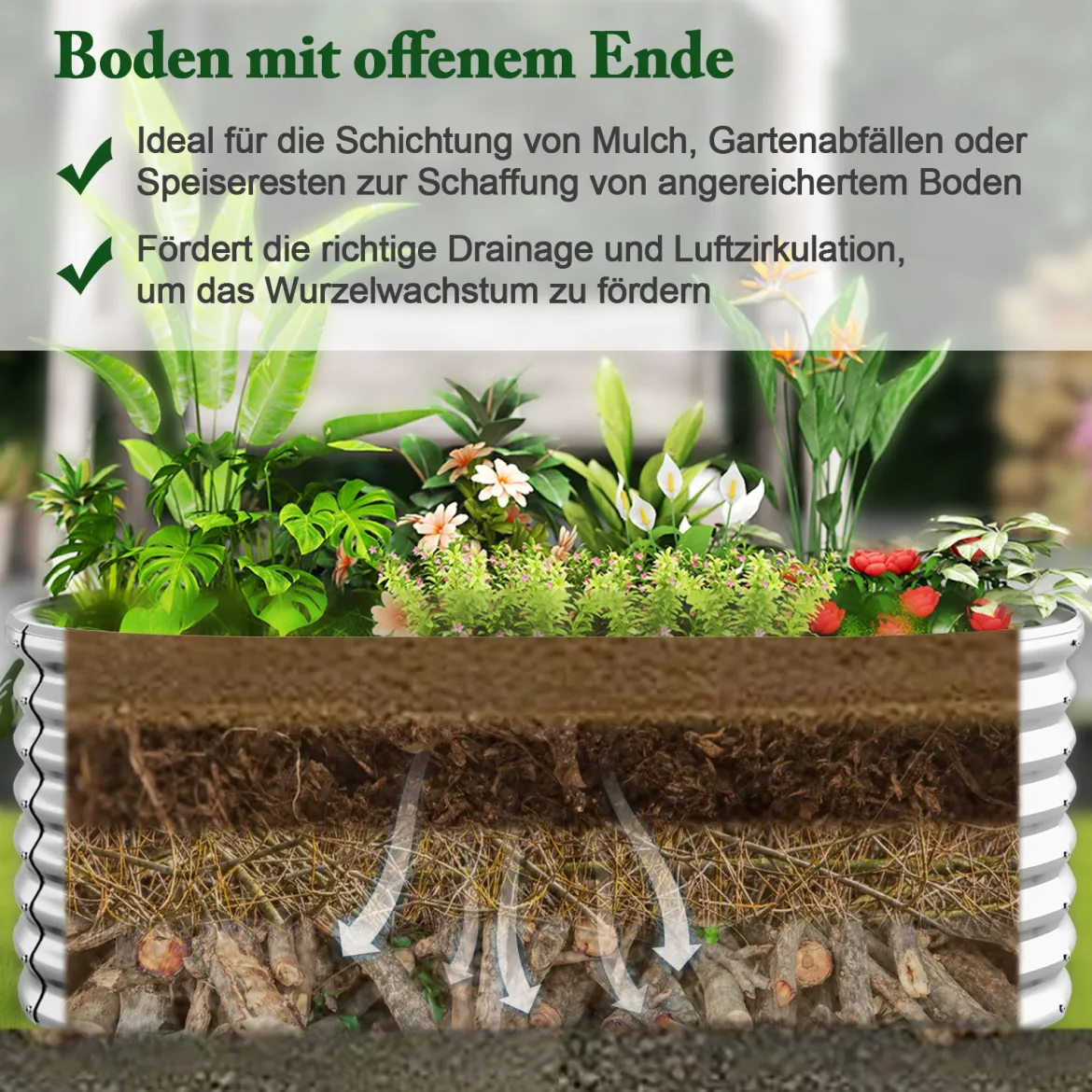 Metall Oval Hochbeet mit Offenem Boden Pflanzkasten Frühbeet Wellblech Blumenbeet