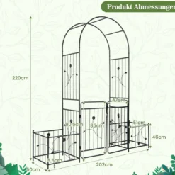 Metall Rosenbogen mit Tür & 2 Pflanzgefäßen Gartenbogen 202 x 50 x 220 cm Schwarz
