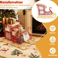 Metall-Weihnachtsmann-Schlittenkorb 2-stöckiger Geschenk-Aufbewahrungsschlitten festlicher dekorativer Schlittenwagen Rot