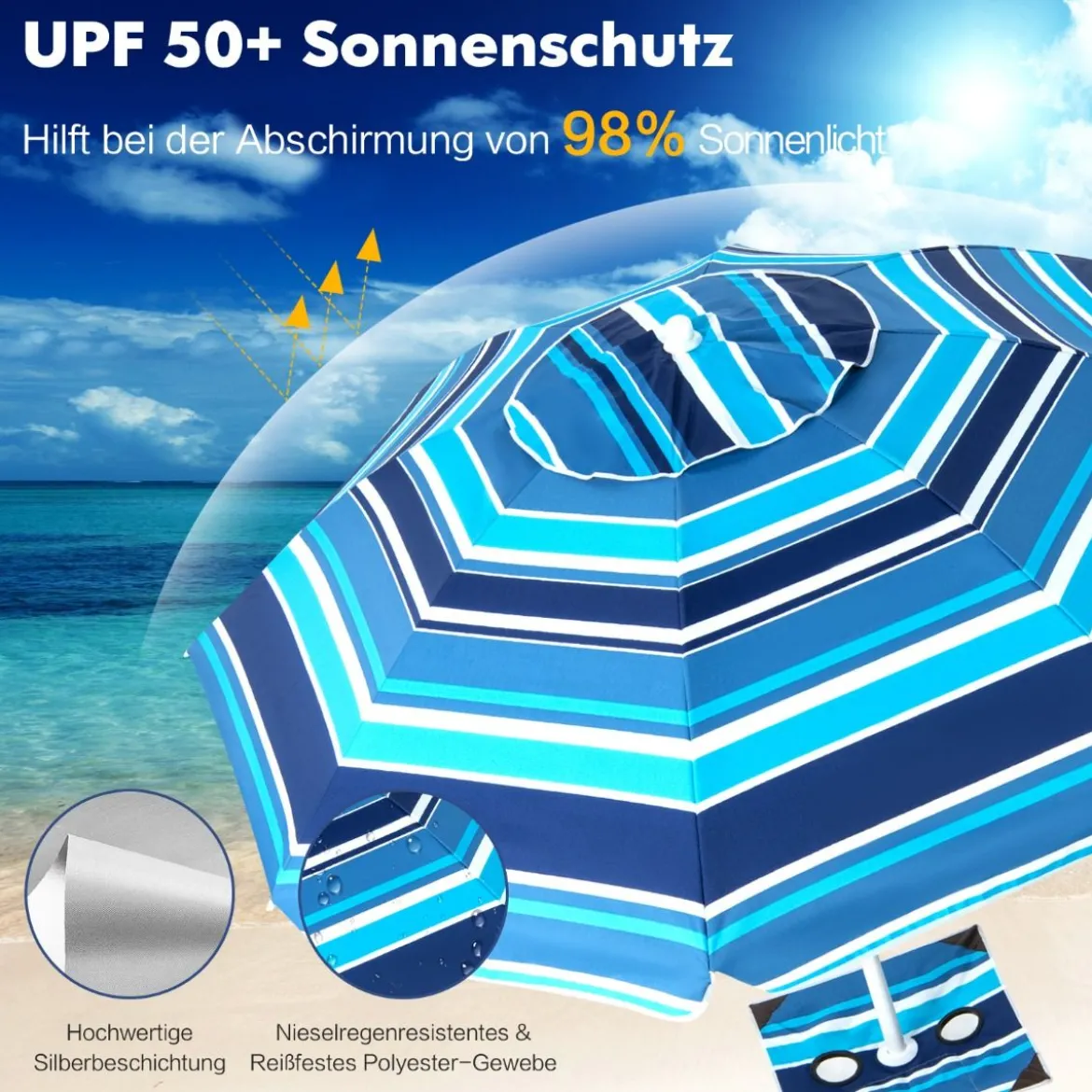 2 m Hoher Strandschirm mit Tisch & Sandsack Tragbarer Sonnenschirm Marineblau
