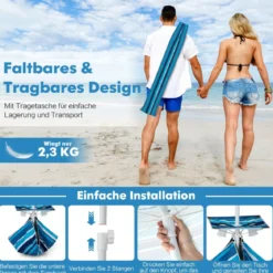 2 m Hoher Strandschirm mit Tisch & Sandsack Tragbarer Sonnenschirm Marineblau
