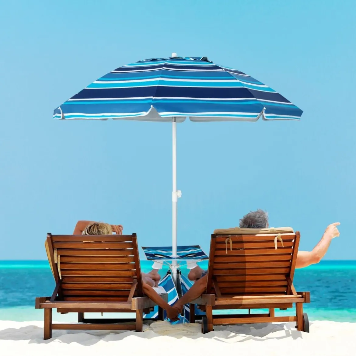 2 m Hoher Strandschirm mit Tisch & Sandsack Tragbarer Sonnenschirm Marineblau