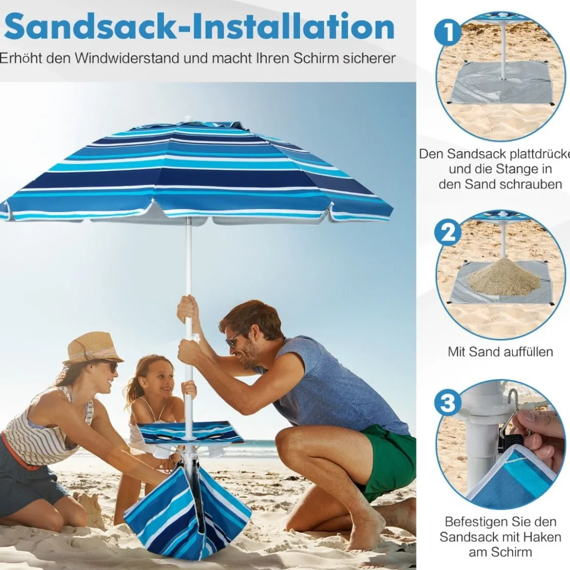 2 m Hoher Strandschirm mit Tisch & Sandsack Tragbarer Sonnenschirm Marineblau