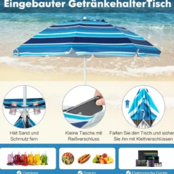 2 m Hoher Strandschirm mit Tisch & Sandsack Tragbarer Sonnenschirm Marineblau
