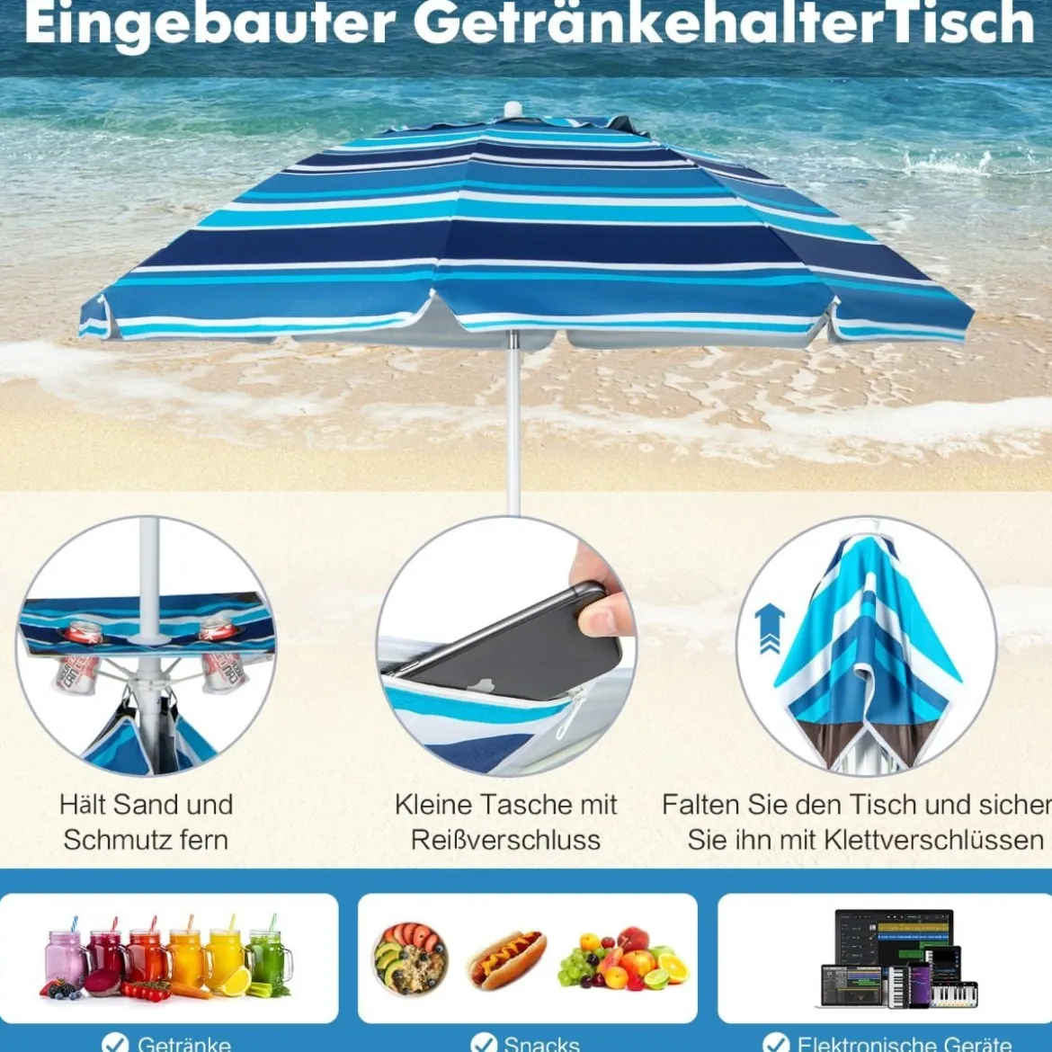 2 m Hoher Strandschirm mit Tisch & Sandsack Tragbarer Sonnenschirm Marineblau