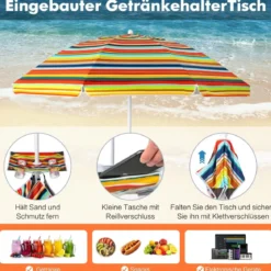 2 m Hoher Strandschirm mit Tisch & Sandsack Tragbarer Sonnenschirm Bunt