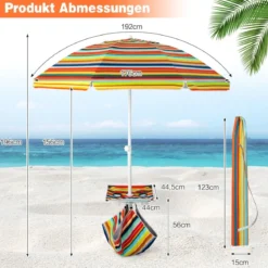 2 m Hoher Strandschirm mit Tisch & Sandsack Tragbarer Sonnenschirm Bunt