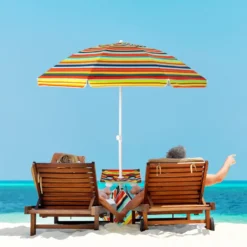 2 m Hoher Strandschirm mit Tisch & Sandsack Tragbarer Sonnenschirm Bunt