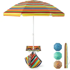 2 m Hoher Strandschirm mit Tisch & Sandsack Tragbarer Sonnenschirm Bunt