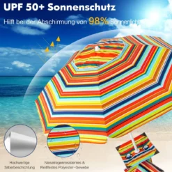 2 m Hoher Strandschirm mit Tisch & Sandsack Tragbarer Sonnenschirm Bunt