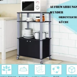 Mikrowellenregal mit 3 Schichten und Schrank Küchenwagen Servicewagen aus Metall und Holz Schwarz