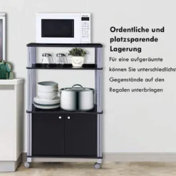 Mikrowellenregal mit 3 Schichten und Schrank Küchenwagen Servicewagen aus Metall und Holz Schwarz