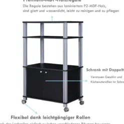 Mikrowellenregal mit 3 Schichten und Schrank Küchenwagen Servicewagen aus Metall und Holz Schwarz