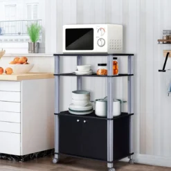 Mikrowellenregal mit 3 Schichten und Schrank Küchenwagen Servicewagen aus Metall und Holz Schwarz