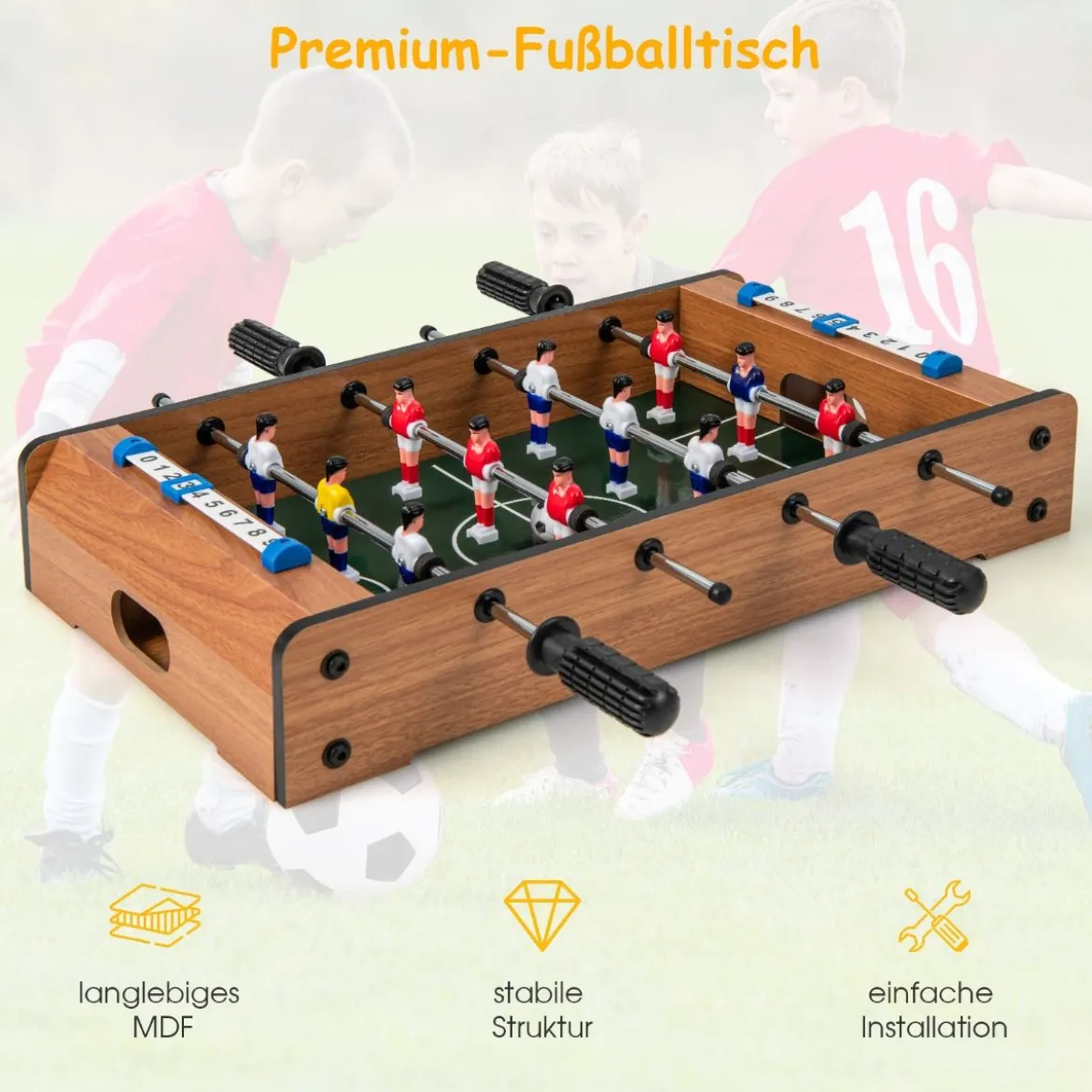 Mini-Fußballtisch für 2 Spieler platzsparender Tischkicker mit robustem Griff 51 x 30,5 x 9 cm Natur