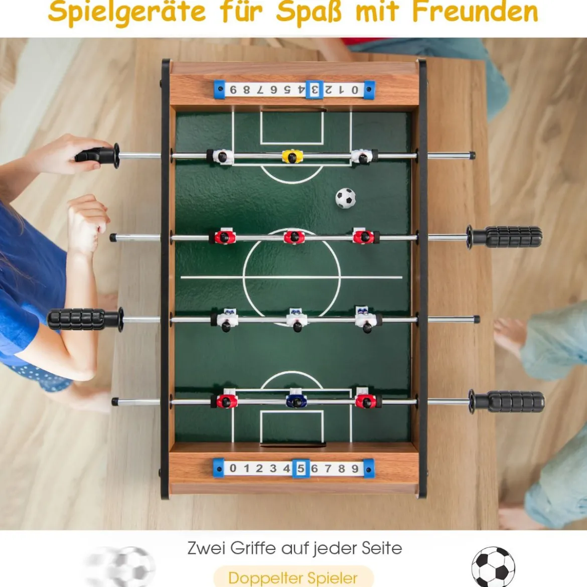 Mini-Fußballtisch für 2 Spieler platzsparender Tischkicker mit robustem Griff 51 x 30,5 x 9 cm Natur