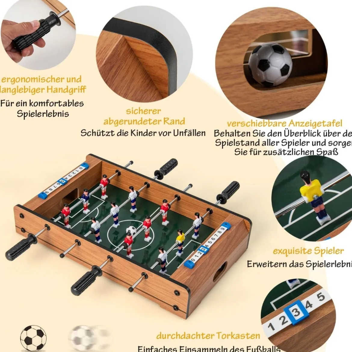 Mini-Fußballtisch für 2 Spieler platzsparender Tischkicker mit robustem Griff 51 x 30,5 x 9 cm Natur