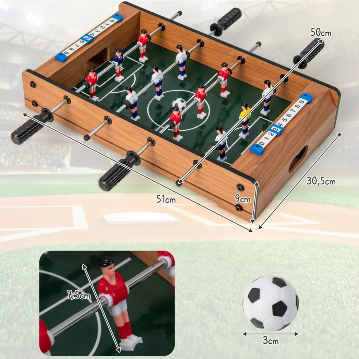 Mini-Fußballtisch für 2 Spieler platzsparender Tischkicker mit robustem Griff 51 x 30,5 x 9 cm Natur