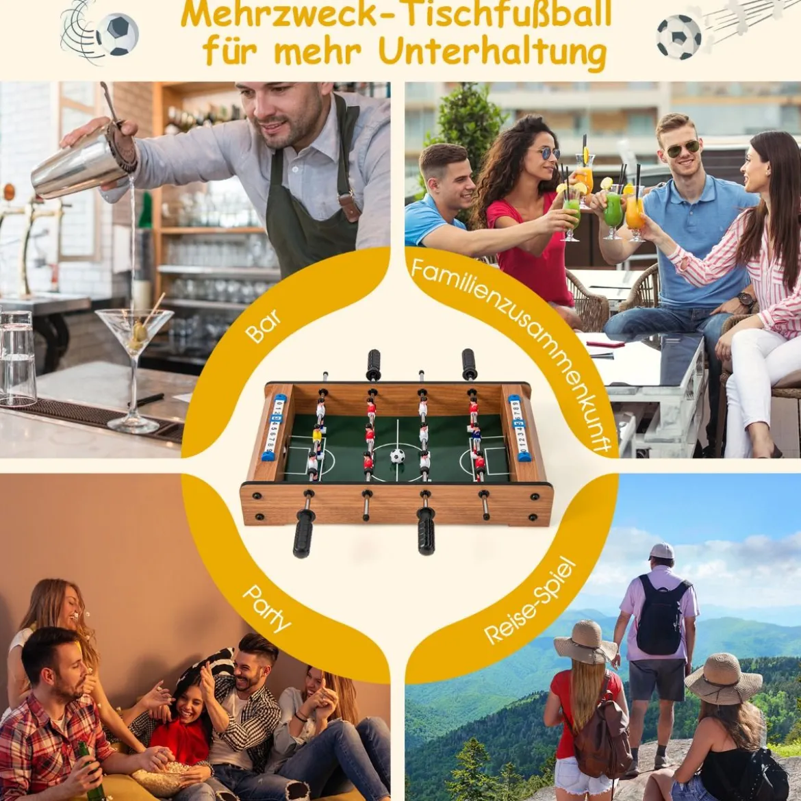 Mini-Fußballtisch für 2 Spieler platzsparender Tischkicker mit robustem Griff 51 x 30,5 x 9 cm Natur