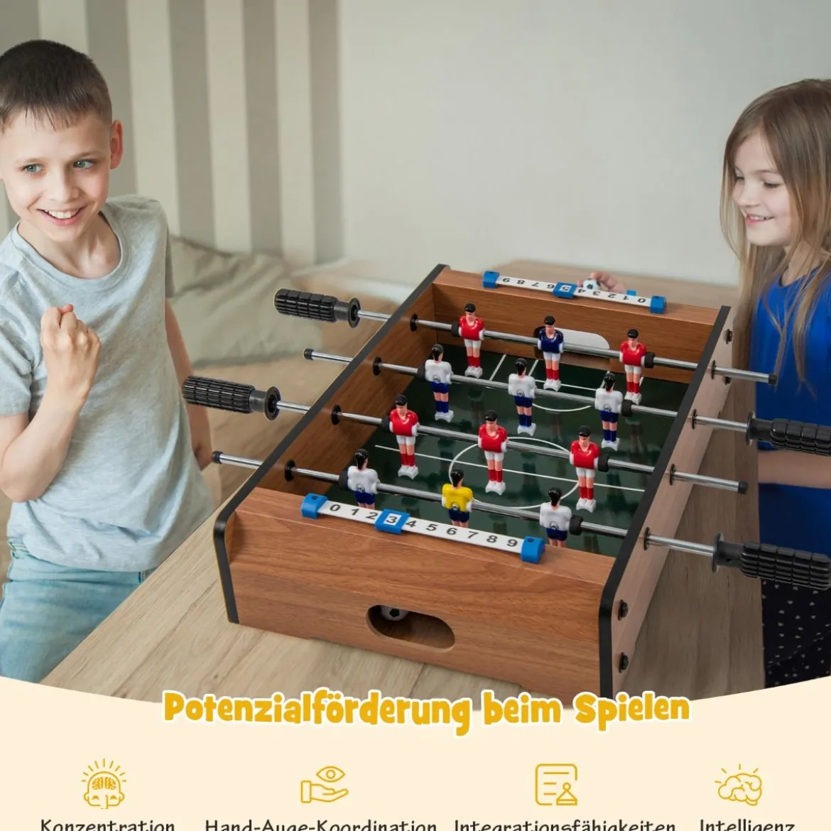 Mini-Fußballtisch für 2 Spieler platzsparender Tischkicker mit robustem Griff 51 x 30,5 x 9 cm Natur