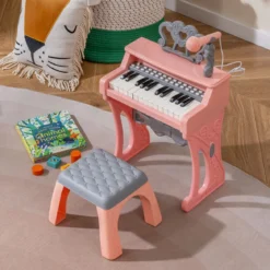 Mini Keyboard mit Hocker & Notenständer & Mikrofon 25 Tasten Elektrisches Klavier Rosa