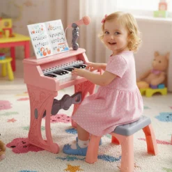 Mini Keyboard mit Hocker & Notenständer & Mikrofon 25 Tasten Elektrisches Klavier Rosa
