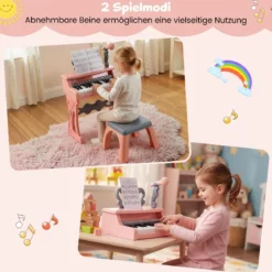 Mini Keyboard mit Hocker & Notenständer & Mikrofon 25 Tasten Elektrisches Klavier Rosa
