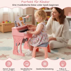 Mini Keyboard mit Hocker & Notenständer & Mikrofon 25 Tasten Elektrisches Klavier Rosa