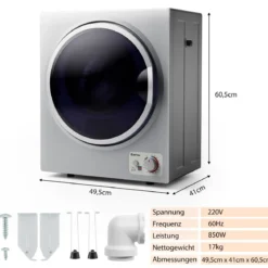 Mini Wäschetrockner Elektrischer Trockner Ablufttrockner 2,5KG / 42L / 850W Silber