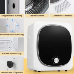 Mini Wäschetrockner 5KG mit 5 Programme bis zu 69℃ Ablufttrockner Trockner 800W