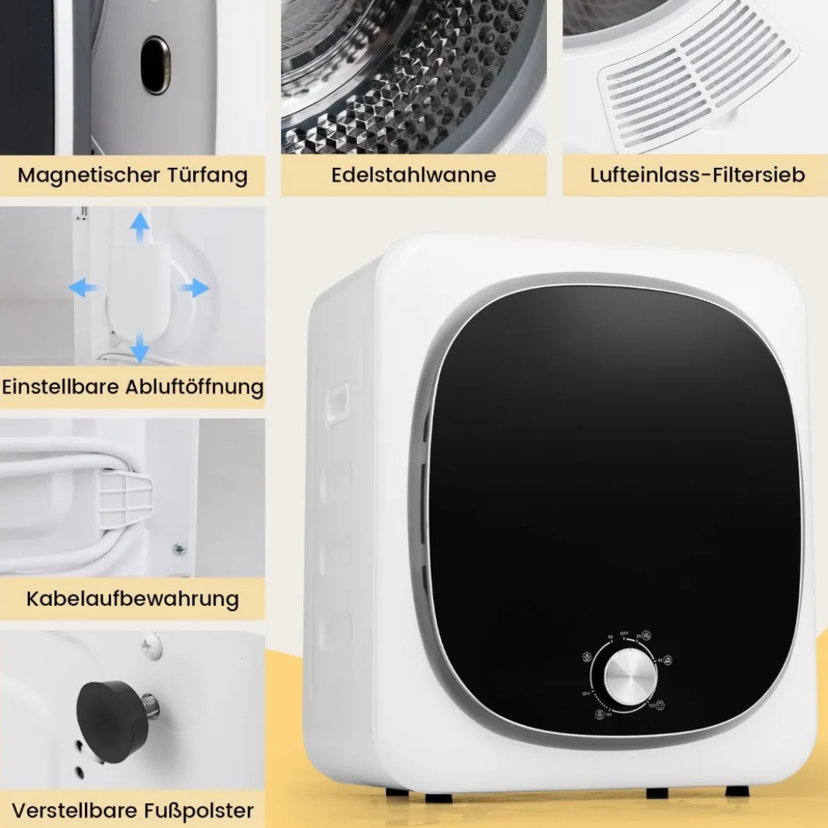 Mini Wäschetrockner 5KG mit 5 Programme bis zu 69℃ Ablufttrockner Trockner 800W