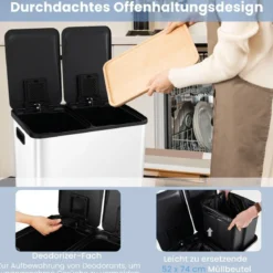 Mülleimer 2 Fächer 2 x 30L Abfalleimer Küche Tretmülleimer mit sanft schließendem Deckel Weiß/Schwarz/Silber
