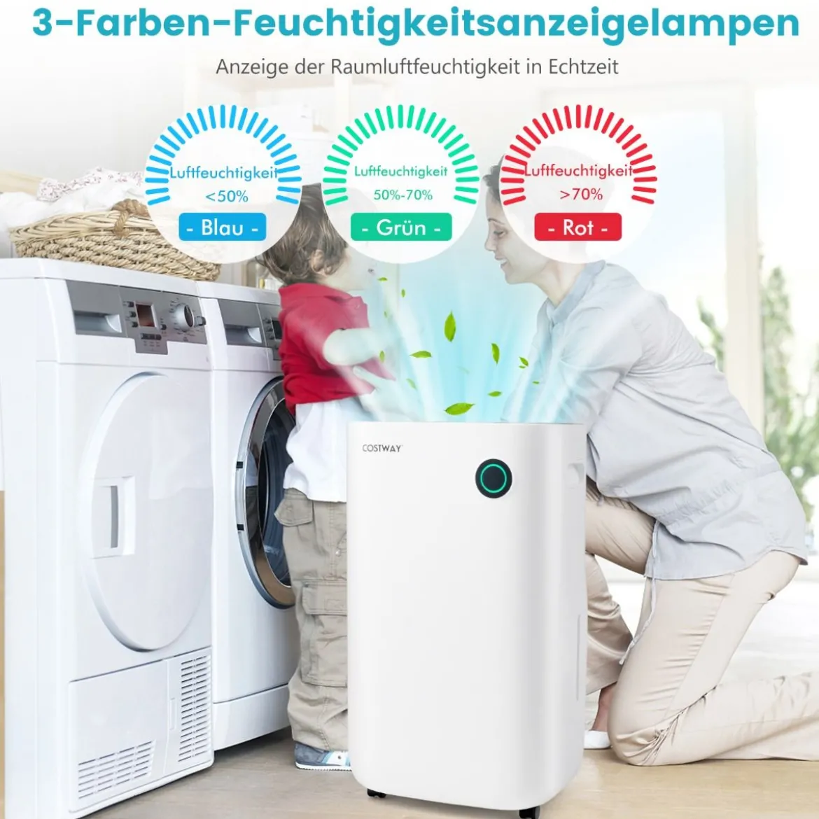 418 m² Luftentfeuchter mit Timer Leiser Luftreiniger mit 5 Modi 34 x 24 x 57 cm Weiß