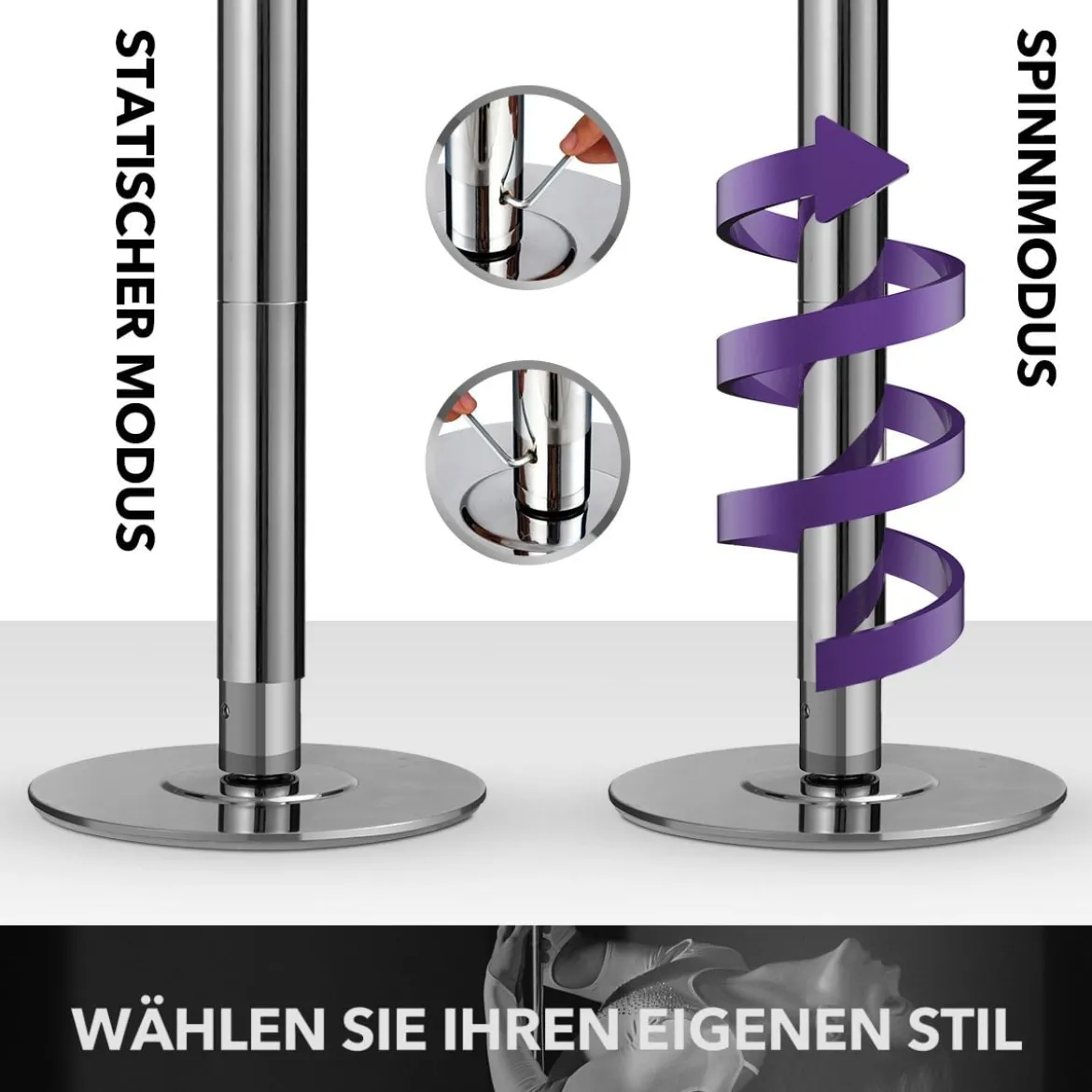 45 mm professionelle Tanzstange mit Einstellbarer Höhe und Abnehmbarem Design Silber