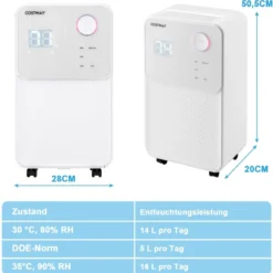Mobile Entfeuchter für Haus und Keller Luftentfeuchter mit 4 Modi 28 x 20 x 50,5 cm Weiß